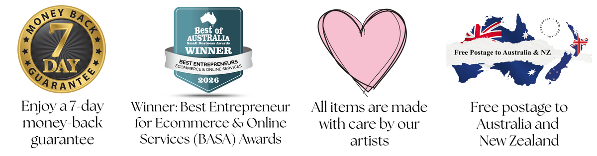 7-day money-back guarantee, free postage to Australia and NZ, made with care and BASA award winner trust badges